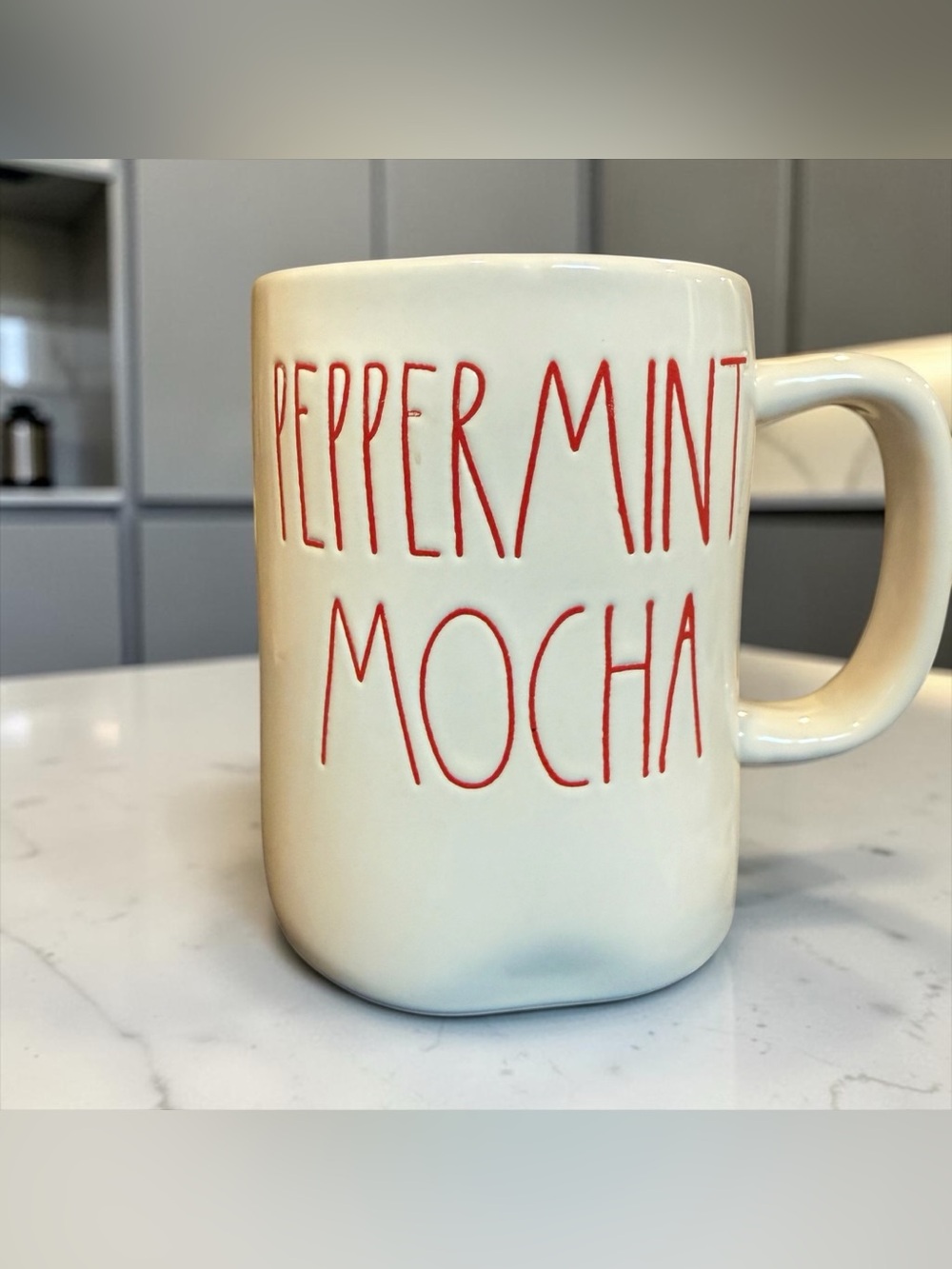 Rae Dunn Peppermint Mocha Ceramic Coffee Mug - White with Red Lettering